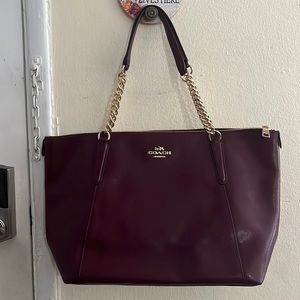 New Coach Wine-Purple Leather Ava Chain Tote